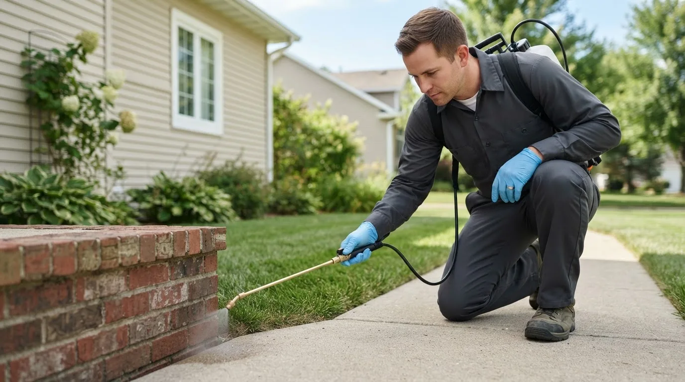Pest control technician treating a home near Derby, VT